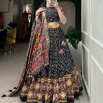 Women's Patola Print Lehenga Choli with Dupatta ? Traditional Gujarati Style Festive Wear - Black